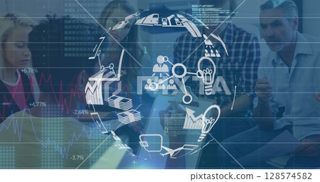Image of digital interface and icons over diverse business people 128574582