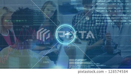 Image of data processing and clock over diverse business people 128574584