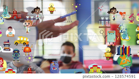 Image of school icons over schoolchildren with face masks and teacher in classroom Image of school icons over schoolchildren with face masks and teacher in classroom 128574591