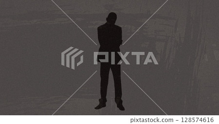 Textured scratched overlay against silhouette of businessman with copy space on grey background Textured scratched overlay against silhouette of businessman with copy space on grey background 128574616