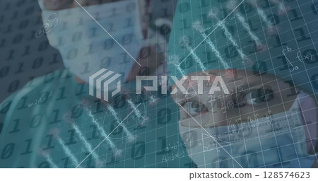 Image of binary coding and dna strand over caucasian nurse with face mask 128574623