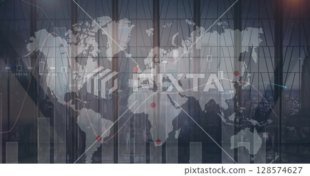 Statistical data processing and world map over time-lapse of people walking and cityscape Statistical data processing and world map over time-lapse of people walking and cityscape 128574627
