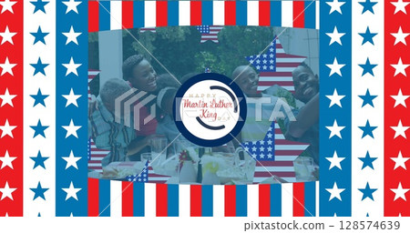 Image of happy martin luther king day text over african american family having dinner 128574639