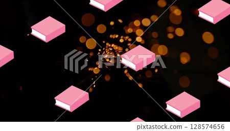 Image of book icons over yellow spots on black background 128574656