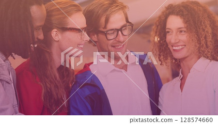 Image of diverse group of friends smiling and using tablet Image of diverse group of friends smiling and using tablet 128574660