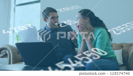 Image of numbers changing over caucasian worried woman with biracial male financial advisor 128574740