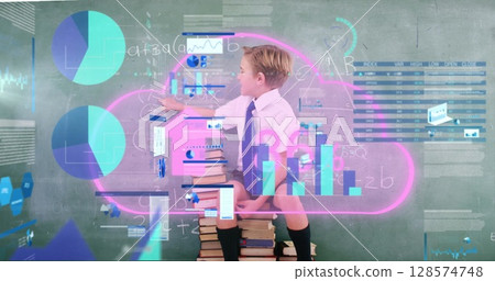 Image of cloud with data processing over caucasian schoolboy 128574748