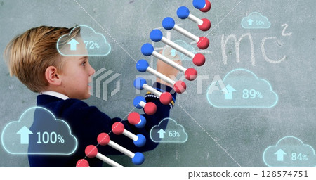 Image of dna strand and clouds with data processing over caucasian schoolboy 128574751