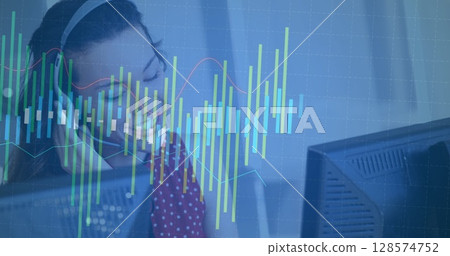 Image of data processing over smiling caucasian businesswoman using headset Image of data processing over smiling caucasian businesswoman using headset 128574752