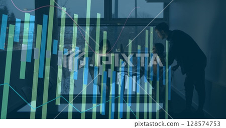 Image of financial data processing over diverse business people Image of financial data processing over diverse business people 128574753