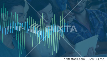 Image of data processing over diverse group of business people using tablet Image of data processing over diverse group of business people using tablet 128574754