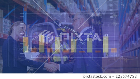 Image of financial data processing over diverse business people 128574758