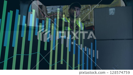 Image of financial data processing over caucasian delivery man packing boxes 128574759