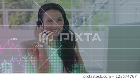 Image of data processing over smiling caucasian businesswoman using phone headset Image of data processing over smiling caucasian businesswoman using phone headset 128574767