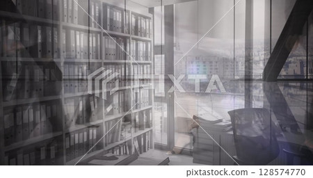 Image of people walking over empty office Image of people walking over empty office 128574770