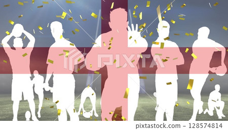 Image of flag of england and confetti over silhouettes of rugby players with ball at stadium 128574814
