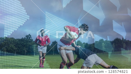 Image of arrows over diverse male rugby players playing at stadium 128574821