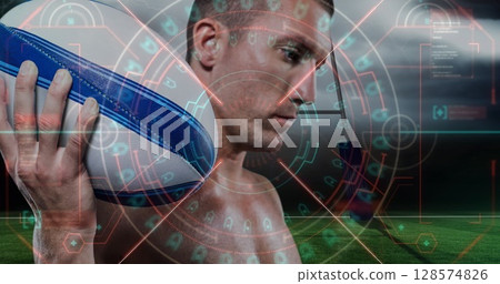 Image of scope scanning over caucasian male rugby player with ball at stadium Image of scope scanning over caucasian male rugby player with ball at stadium 128574826