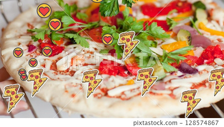 Multiple red heart and pizza slice icons against close up of pizza on grey surface 128574867