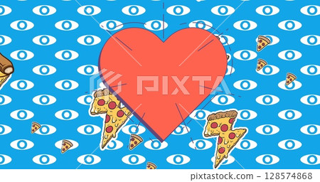 Red heart icon with copy space over pizza slice icons against blue background 128574868