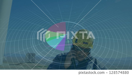 Image of statistics and data processing over wind turbine on blue background 128574880