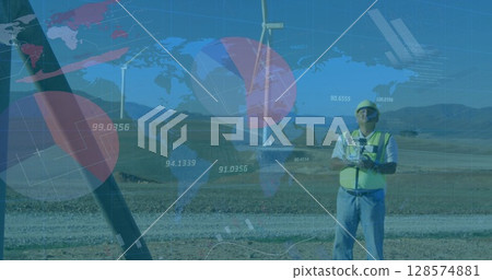 Image of statistics and data processing over wind turbines and engineer on blue background Image of statistics and data processing over wind turbines and engineer on blue background 128574881