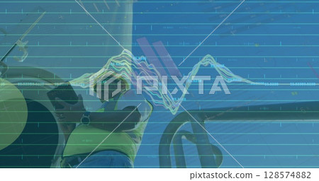 Image of statistics and data processing over wind turbine and engineer on blue background Image of statistics and data processing over wind turbine and engineer on blue background 128574882