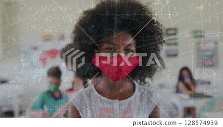 Image of mathematical equations over diverse schoolchildren wearing face masks Image of mathematical equations over diverse schoolchildren wearing face masks 128574939
