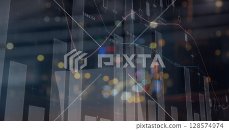 Image of statistics and financial data processing over out of focus city road lights 128574974
