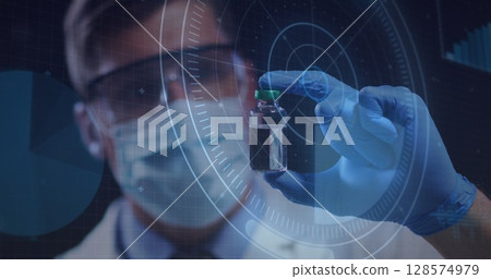 Image of scope scanning over caucasian man in face mask holding vaccine Image of scope scanning over caucasian man in face mask holding vaccine 128574979
