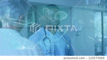 Image of medical data processing on screen over african american male doctor 128574988