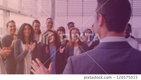 Image of smiling group of diverse business people clapping at meeting Image of smiling group of diverse business people clapping at meeting 128575015