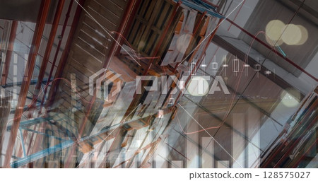 Image of financial data processing and caucasian man over empty warehouse 128575027