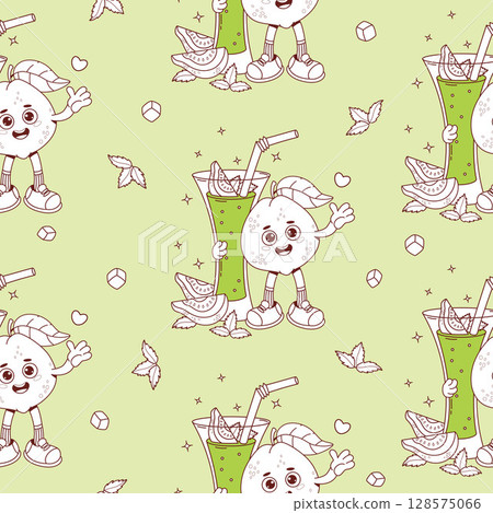 Outline Seamless Pattern. Cute Guava Groovy Character with Drink Cocktail smoothie with tropical slices and Mint leaves on green Background. Funny happy Fruit. Line drawing Vector illustration Outline Seamless Pattern. Cute Guava Groovy Character with Drink Cocktail smoothie with tropical slices and Mint leaves on green Background. Funny happy Fruit. Line drawing Vector illustration 128575066