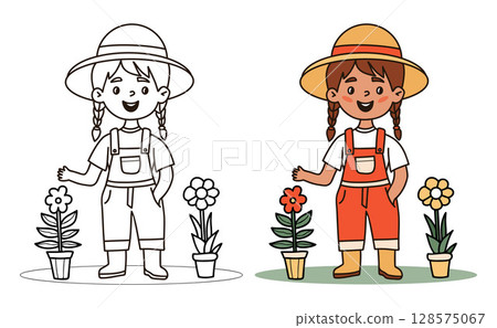 Cute happy girl farmer. Kid Gardening character in hat, overalls and flowerpot flower set. Isolated Color and Outline linear hand drawing. Vector illustration 128575067