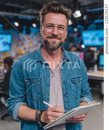 youtuber holding storyboard notebook in studio 128575137