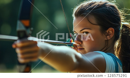 Female archer aiming bow in competition field 128575291