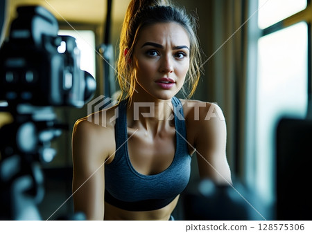 Woman fitness influencer recording workout video 128575306