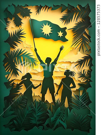 paper cut art of young people holding jamaican flags in celebration 128575373