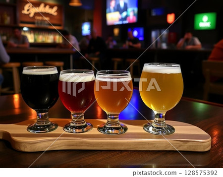 Beer Flight Testing- Dark, Amber, and Light Beers on Wooden Board 128575392