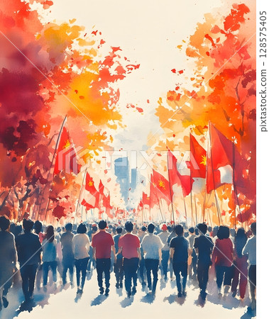 watercolor art of people waving singapore flags, festive atmosphere watercolor art of people waving singapore flags, festive atmosphere 128575405