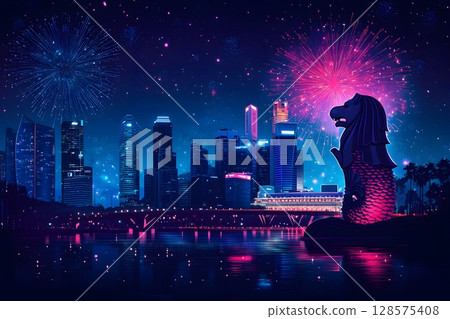 national day social post with vector fireworks and singapore merlion icon 128575408