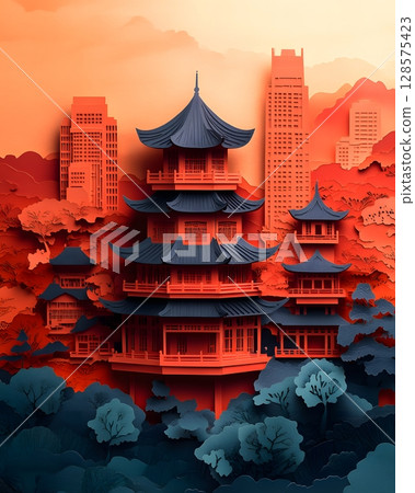 layered paper cut of traditional and modern singapore, flat red tone 128575423