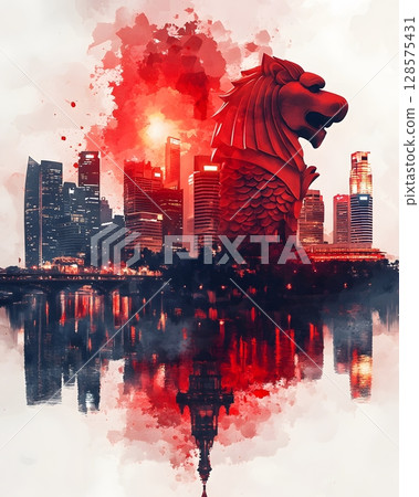 social media artwork with merlion, flag, and city silhouette in red social media artwork with merlion, flag, and city silhouette in red 128575431