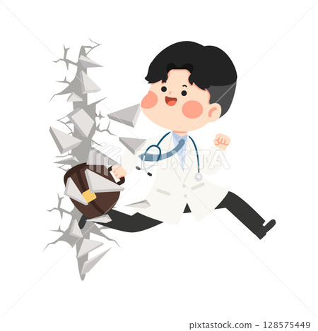 Cartoon Doctor Breaking Through Wall Illustration Cartoon Doctor Breaking Through Wall Illustration 128575449