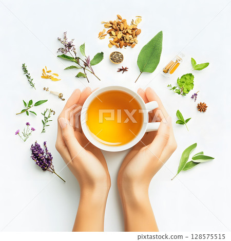 Hands holding herbal tea mockup with wellness overlay icons 128575515
