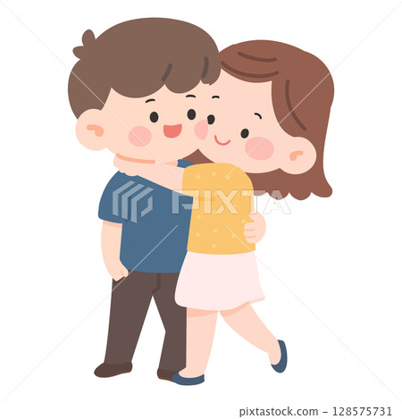 Cartoon Illustration of an Affectionate Couple Hugging 128575731