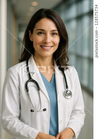 Healthcare Professional in White Coat Smiling Warmly at the Camera Inside a Modern Medical Facility 128575734