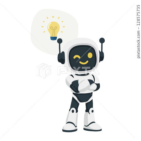 Cartoon Robot with Light Bulb Idea Cartoon Robot with Light Bulb Idea 128575735