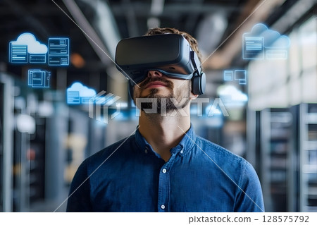 Employee using AR headset to access cloud files in office 128575792